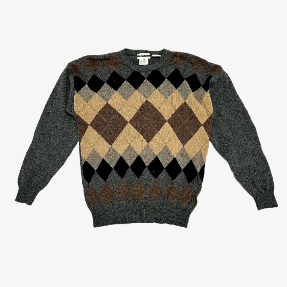 Vintage Retreat Gray Argyle 100% Wool Sweater